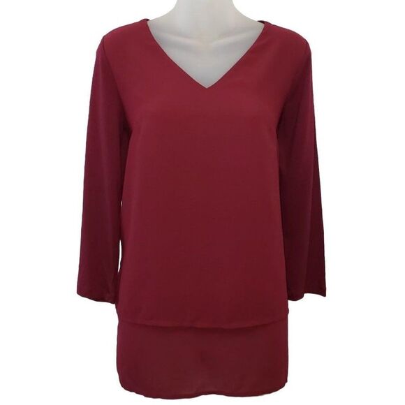 Michael Kors Layered Look Blouse‎ Top Women's XS Dark Red V-Neck Stretch NEW - Picture 1 of 12